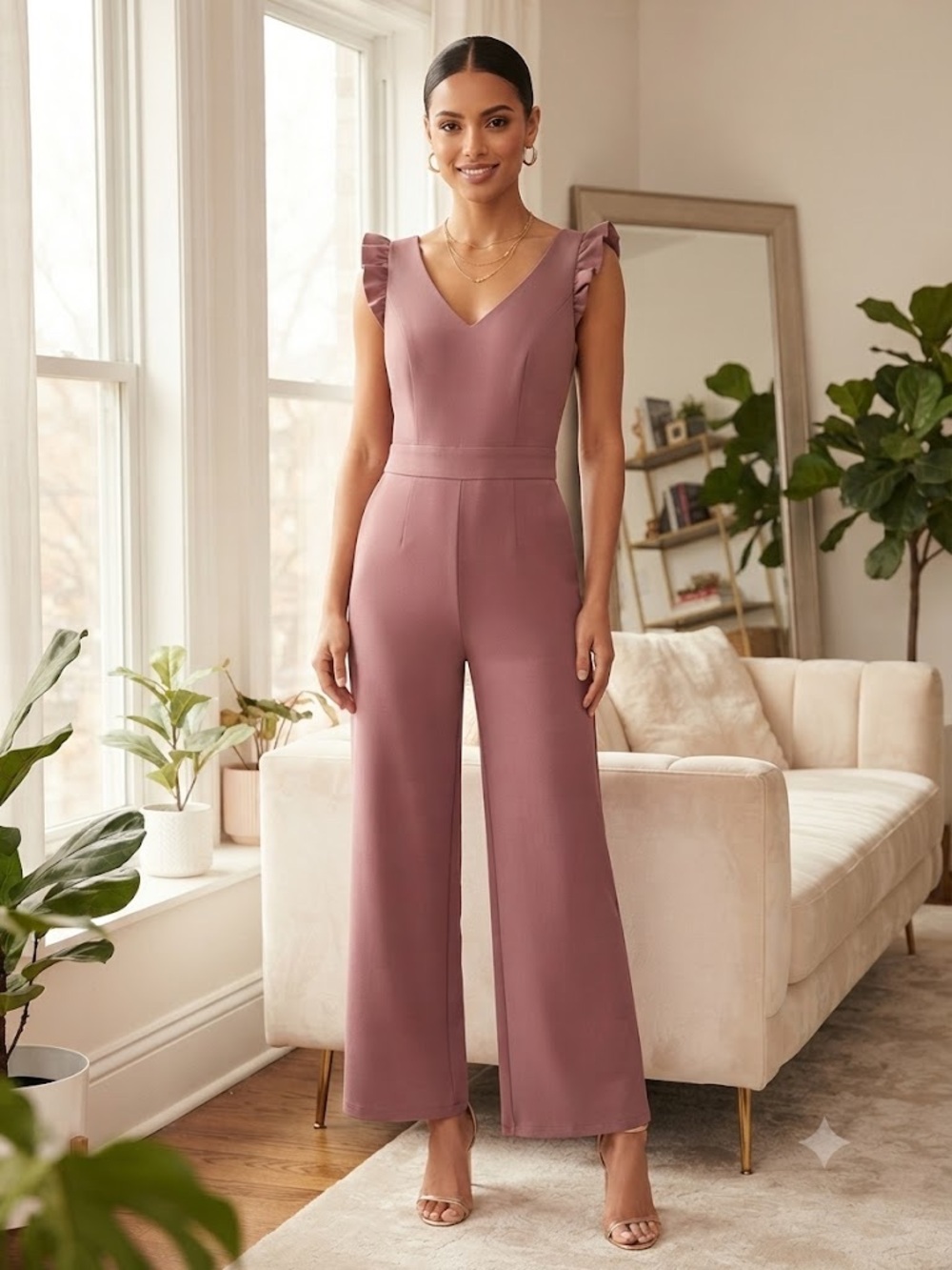 Mauve Ruffle Sleeve V-Neck Wide‑Leg Jumpsuit